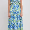 ENDLESS ROSE Tops*- Cap Sleeves Ruffled Maxi Dress BLUE/GREEN