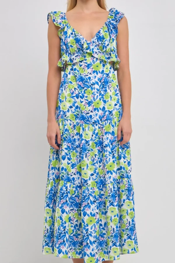 ENDLESS ROSE Tops*- Cap Sleeves Ruffled Maxi Dress BLUE/GREEN