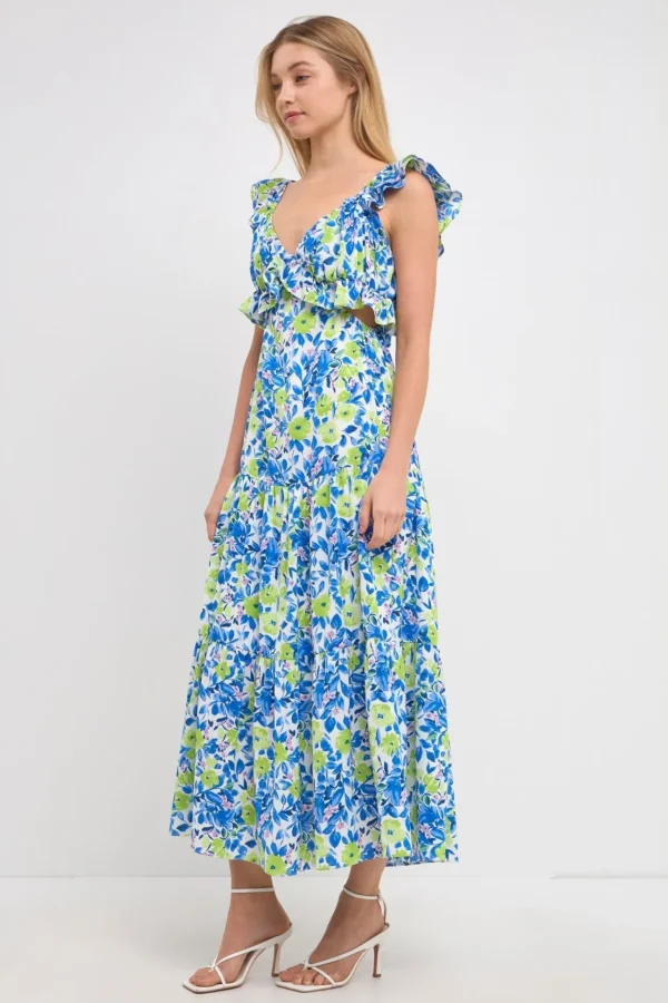 ENDLESS ROSE Tops*- Cap Sleeves Ruffled Maxi Dress BLUE/GREEN