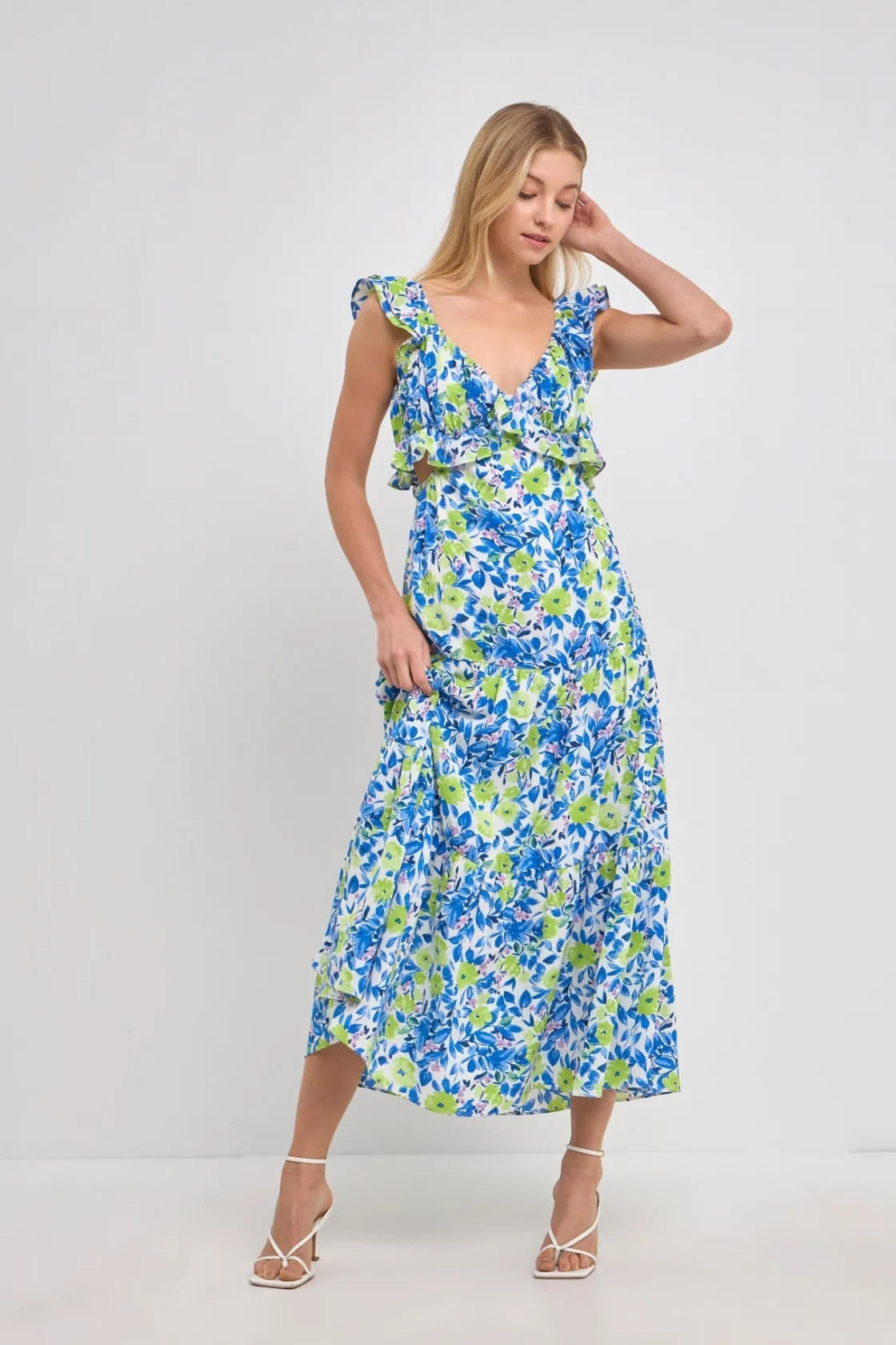 endless_rose__cap_sleeves_3.webp ENDLESS ROSE Tops*- Cap Sleeves Ruffled Maxi Dress BLUE/GREEN