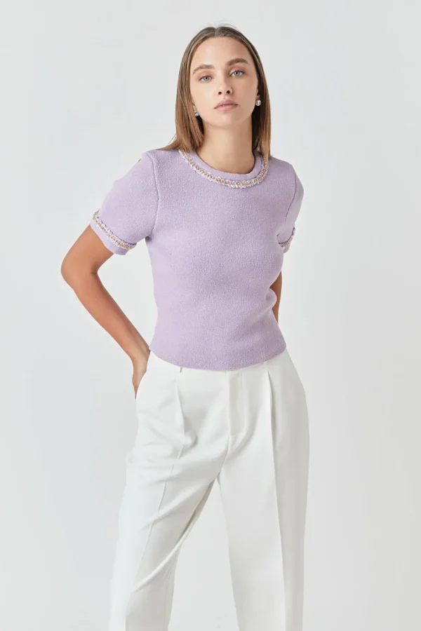 ENDLESS ROSE Tops*- Chain Trim Knit Short Sleeve Top