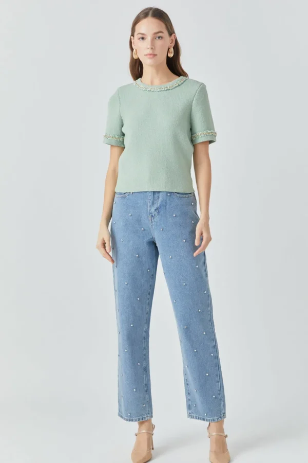 ENDLESS ROSE Tops*- Chain Trim Knit Short Sleeve Top