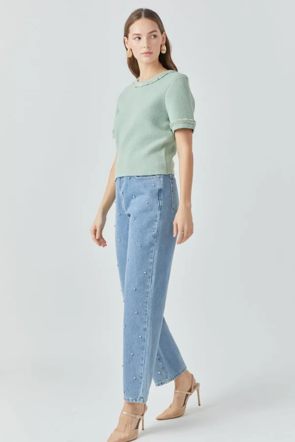 ENDLESS ROSE Tops*- Chain Trim Knit Short Sleeve Top