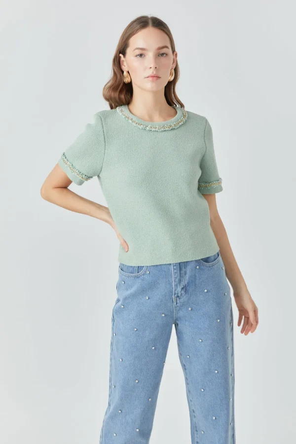 ENDLESS ROSE Tops*- Chain Trim Knit Short Sleeve Top
