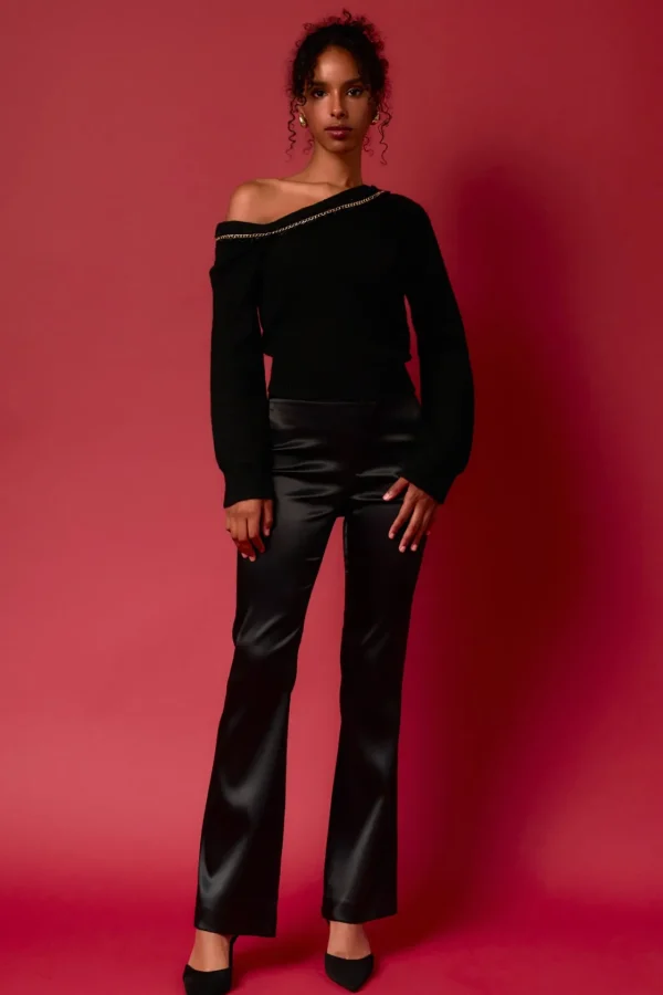 ENDLESS ROSE Tops*- Chain Trimmed One Shoulder Top BLACK