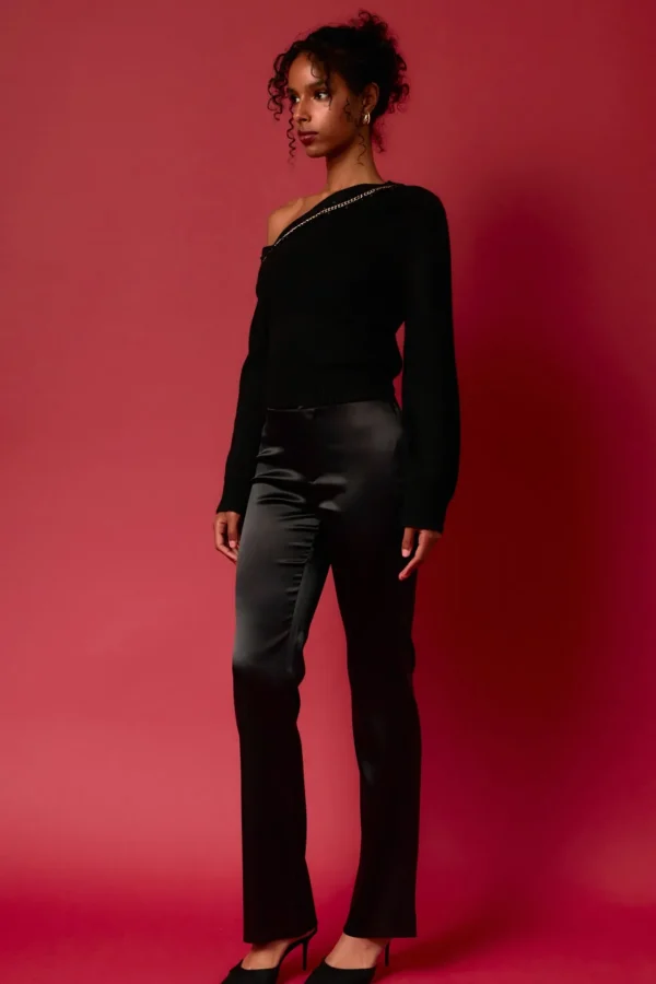 ENDLESS ROSE Tops*- Chain Trimmed One Shoulder Top BLACK