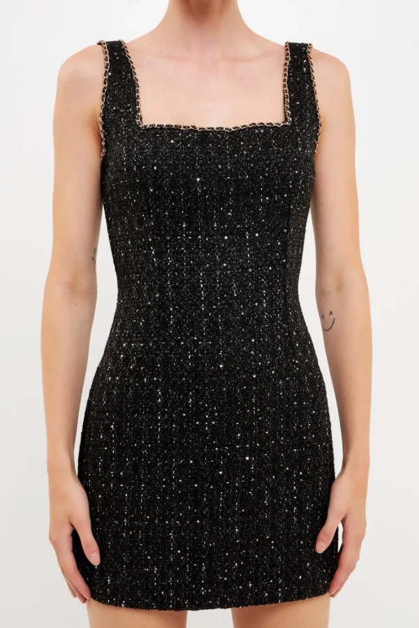 ENDLESS ROSE Little Black Dress | Tweed Dresses*- Chain-Trimmed Tweed Mini Dress BLACK