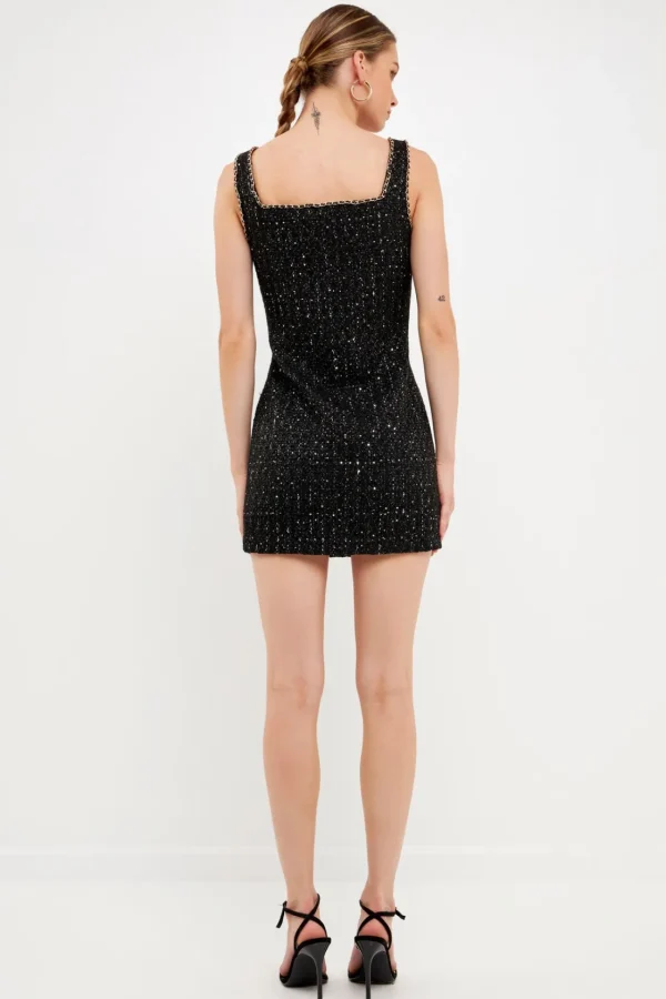 ENDLESS ROSE Little Black Dress | Tweed Dresses*- Chain-Trimmed Tweed Mini Dress BLACK