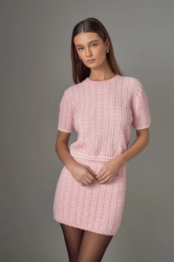 ENDLESS ROSE Matching Sets | Skirts*- Check Knit Mini Skirt PINK/IVORY