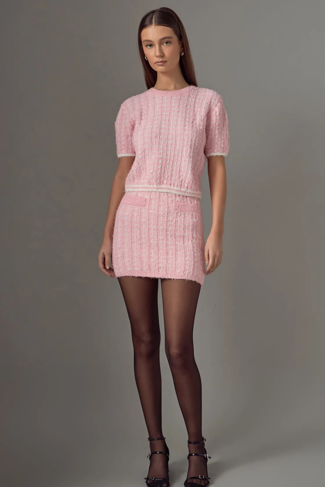 endless_rose__check_knit__1.webp ENDLESS ROSE Matching Sets | Skirts*- Check Knit Mini Skirt PINK/IVORY
