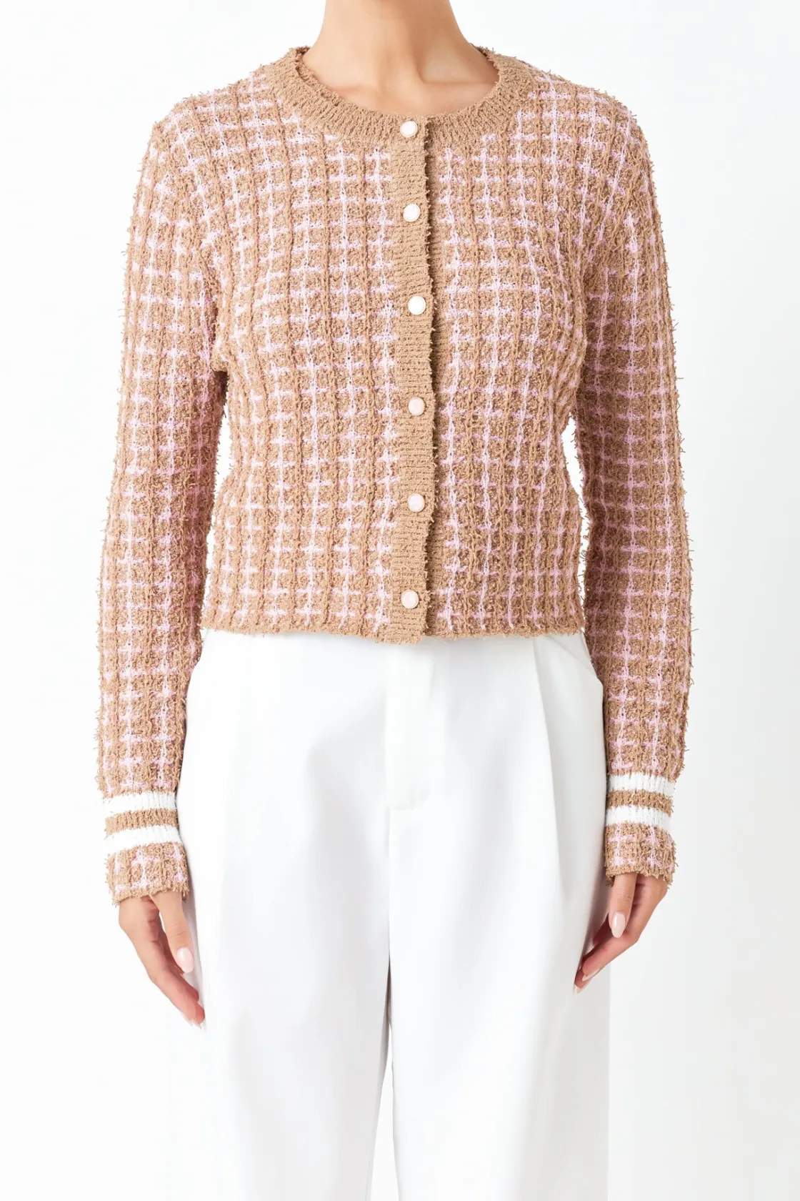 endless_rose__check_sweat_0.webp ENDLESS ROSE Sweaters & Knits | Tops*- Check Sweater Cardigan CAMEL/PINK