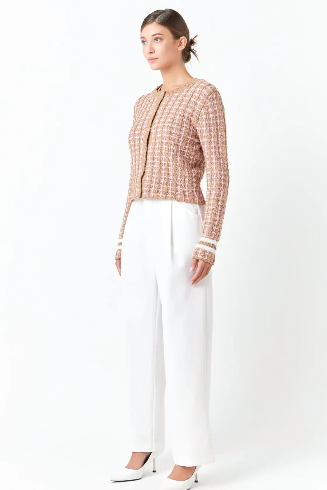 endless_rose__check_sweat_2.webp ENDLESS ROSE Sweaters & Knits | Tops*- Check Sweater Cardigan CAMEL/PINK