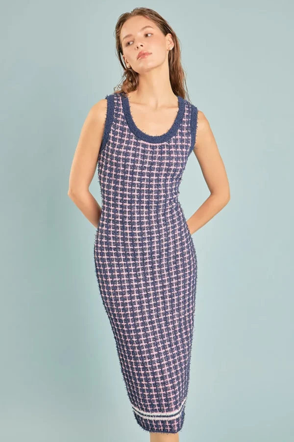 ENDLESS ROSE Knit Dresses | Bodycon Dresses*- Check Sweater Maxi Dress NAVY/PINK