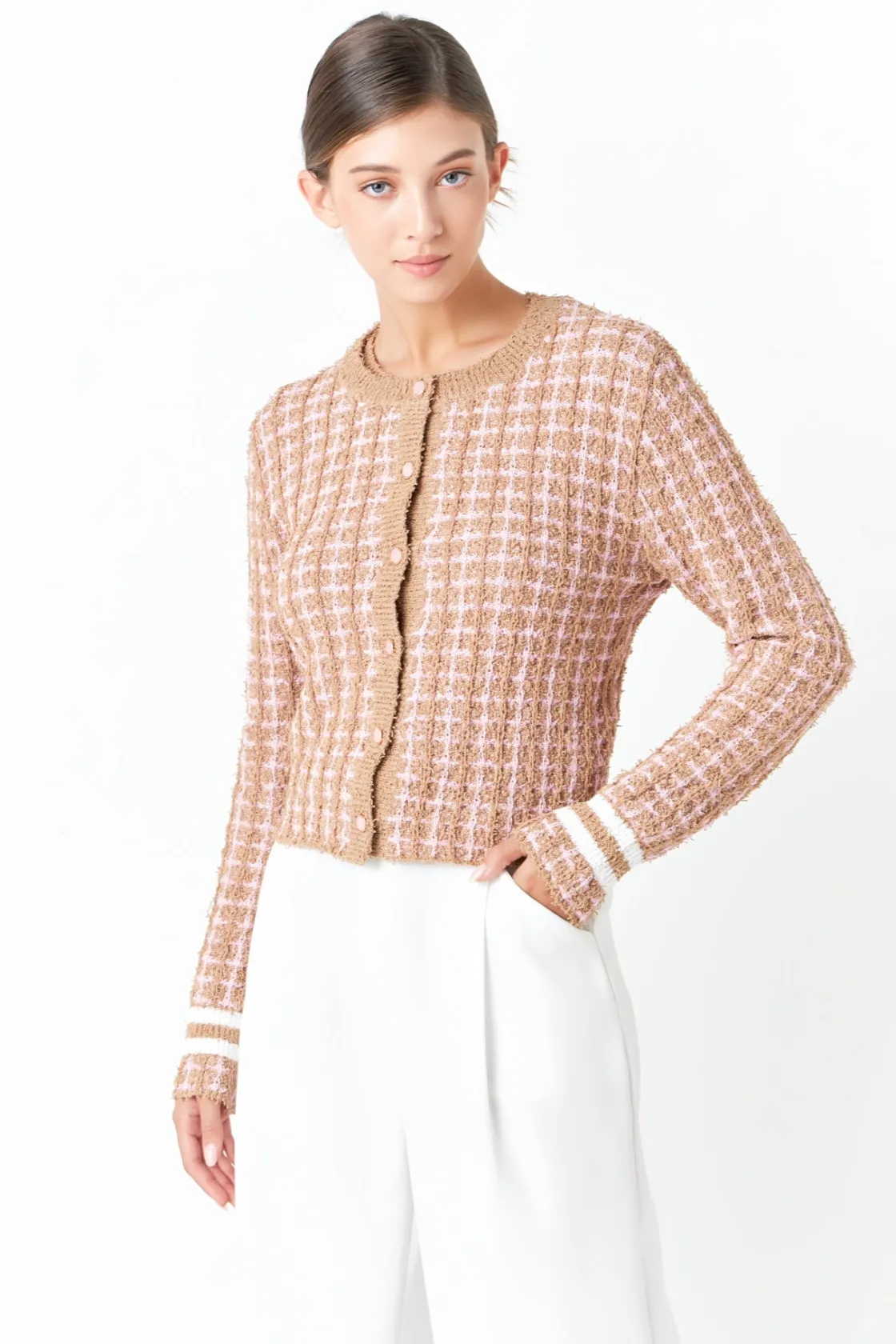 endless_rose__check_sweat_3.webp ENDLESS ROSE Sweaters & Knits | Tops*- Check Sweater Cardigan CAMEL/PINK