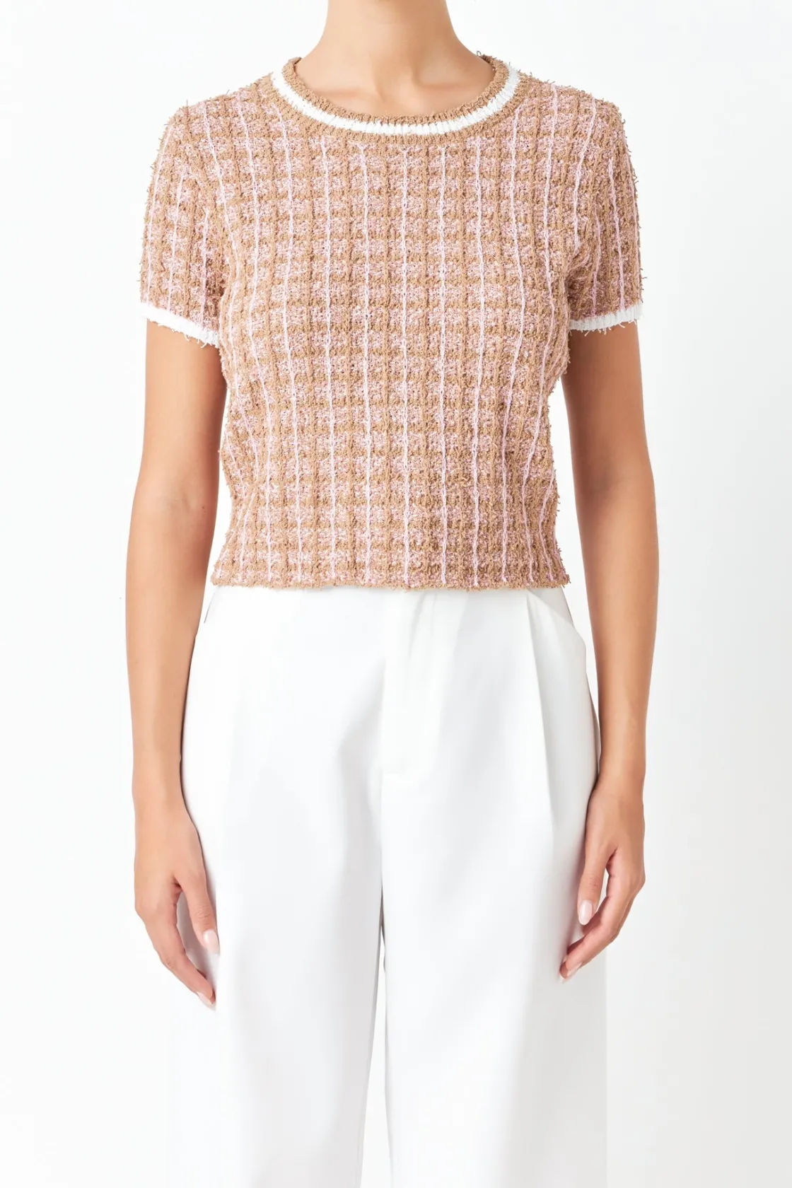 endless_rose__checkered_k_0.webp ENDLESS ROSE Sweaters & Knits*- Checkered Knit Top CAMEL/PINK