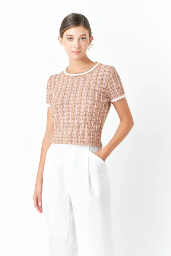 ENDLESS ROSE Sweaters & Knits*- Checkered Knit Top CAMEL/PINK