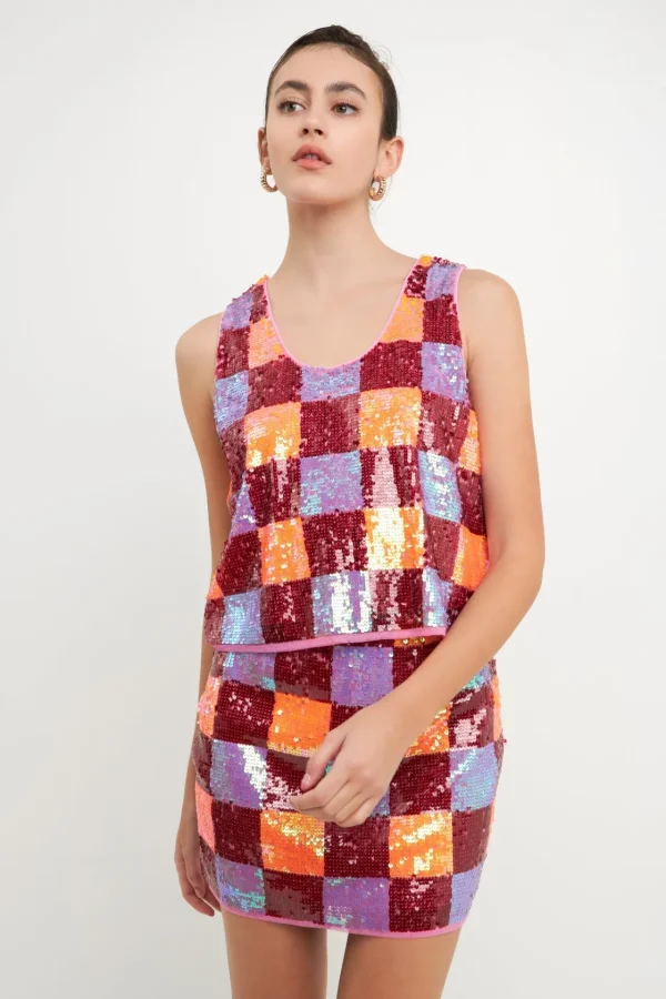 ENDLESS ROSE Matching Sets*- Checkered Sequin Top