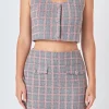 ENDLESS ROSE Matching Sets | Tops*- Checkered Tweed Button Crop Top GREY