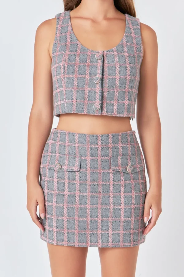 ENDLESS ROSE Matching Sets | Tops*- Checkered Tweed Button Crop Top GREY