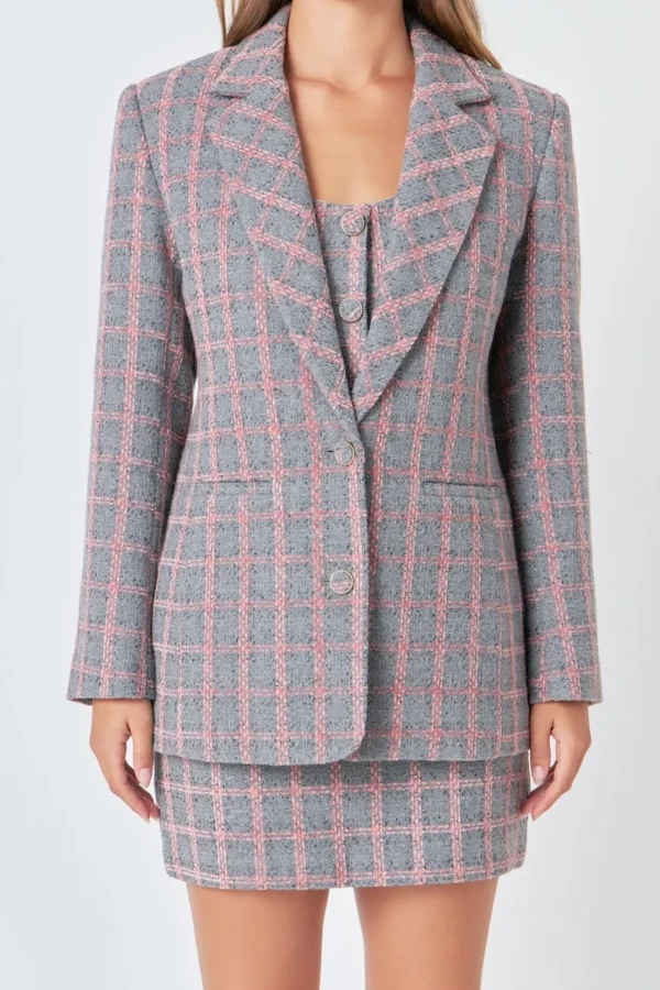 ENDLESS ROSE Matching Sets | Blazers*- Checkered Tweed Single Breast Blazer GREY