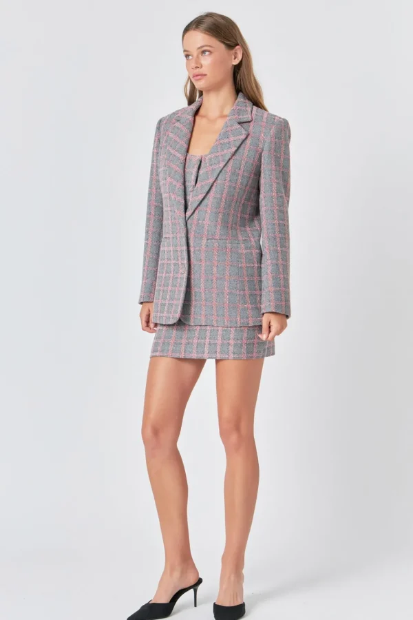 ENDLESS ROSE Matching Sets | Blazers*- Checkered Tweed Single Breast Blazer GREY