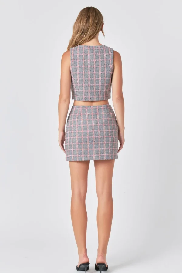 ENDLESS ROSE Matching Sets | Tops*- Checkered Tweed Button Crop Top GREY