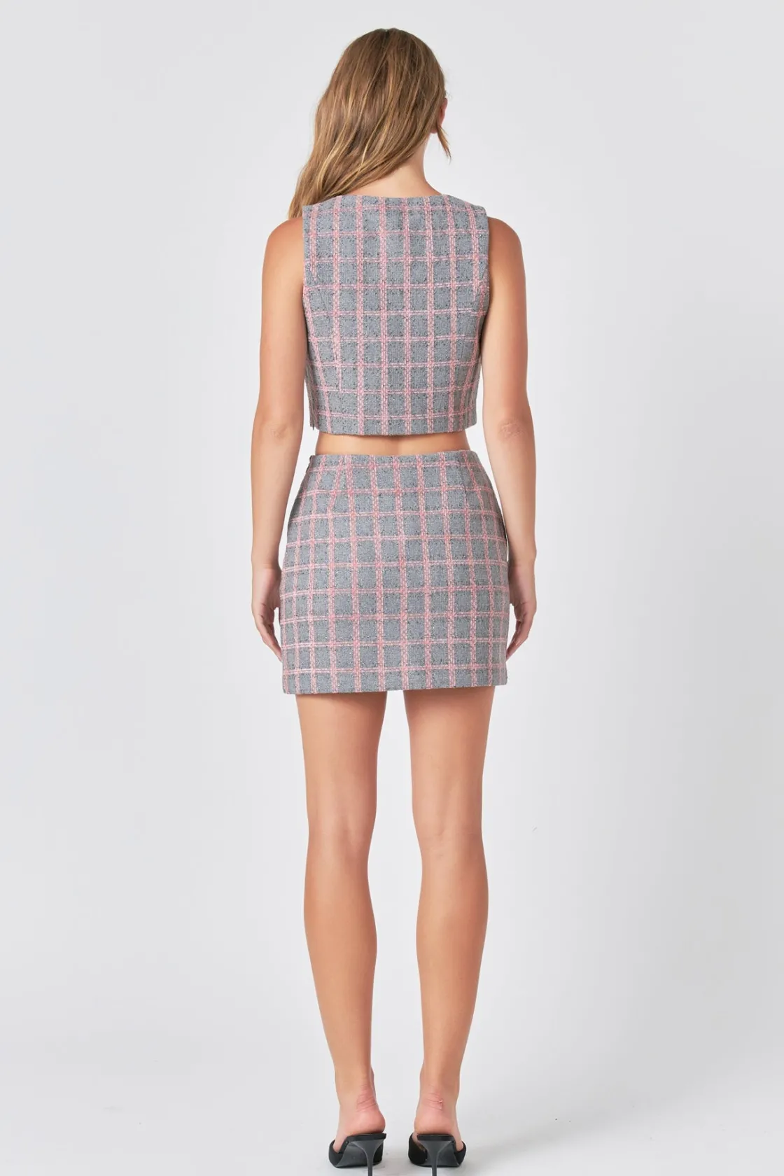 endless_rose__checkered_t_2-1.webp ENDLESS ROSE Matching Sets | Tops*- Checkered Tweed Button Crop Top GREY