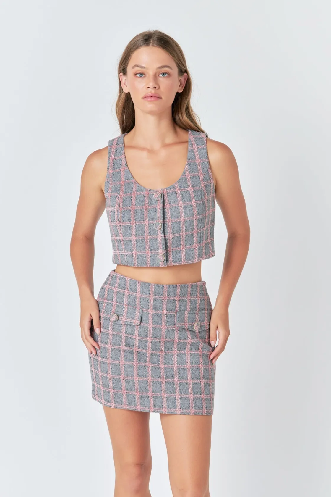 endless_rose__checkered_t_3-1.webp ENDLESS ROSE Matching Sets | Tops*- Checkered Tweed Button Crop Top GREY