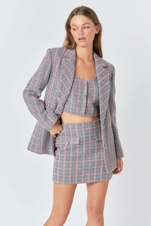 ENDLESS ROSE Matching Sets | Blazers*- Checkered Tweed Single Breast Blazer GREY