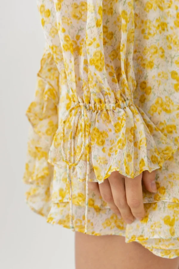ENDLESS ROSE Tops*- Chiffon Floral Ruffled Mini Dress YELLOW