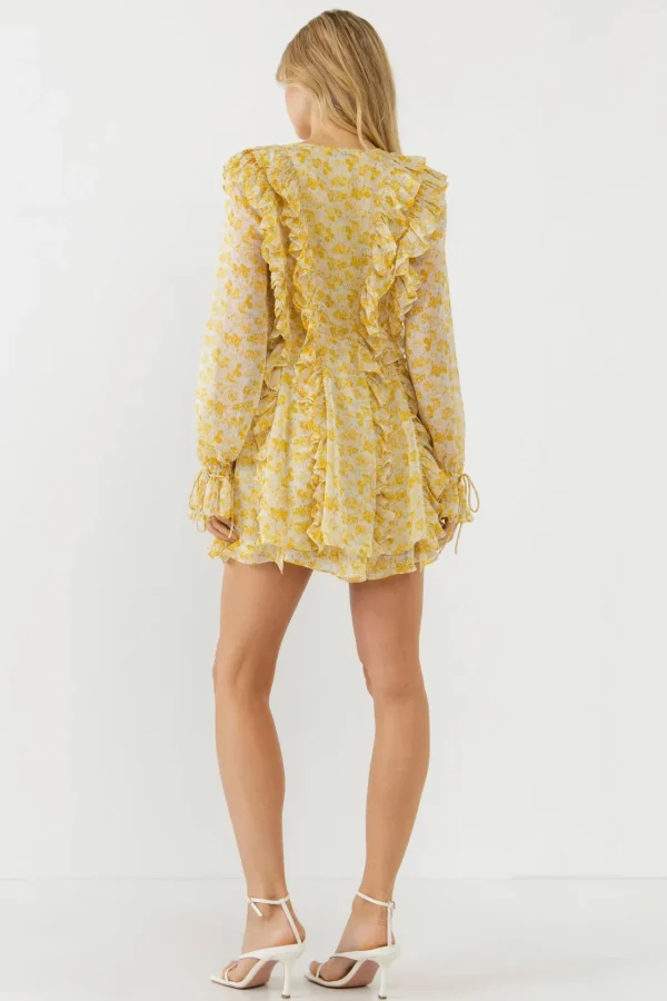 ENDLESS ROSE Tops*- Chiffon Floral Ruffled Mini Dress YELLOW