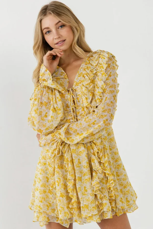 ENDLESS ROSE Tops*- Chiffon Floral Ruffled Mini Dress YELLOW
