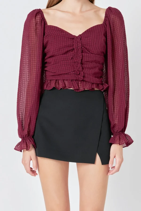 ENDLESS ROSE Tops*- Chiffon Gridded Ruched Top