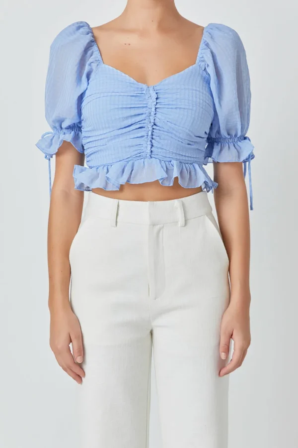 ENDLESS ROSE Tops*- Chiffon Gridded Gathered Top POWDERBLUE