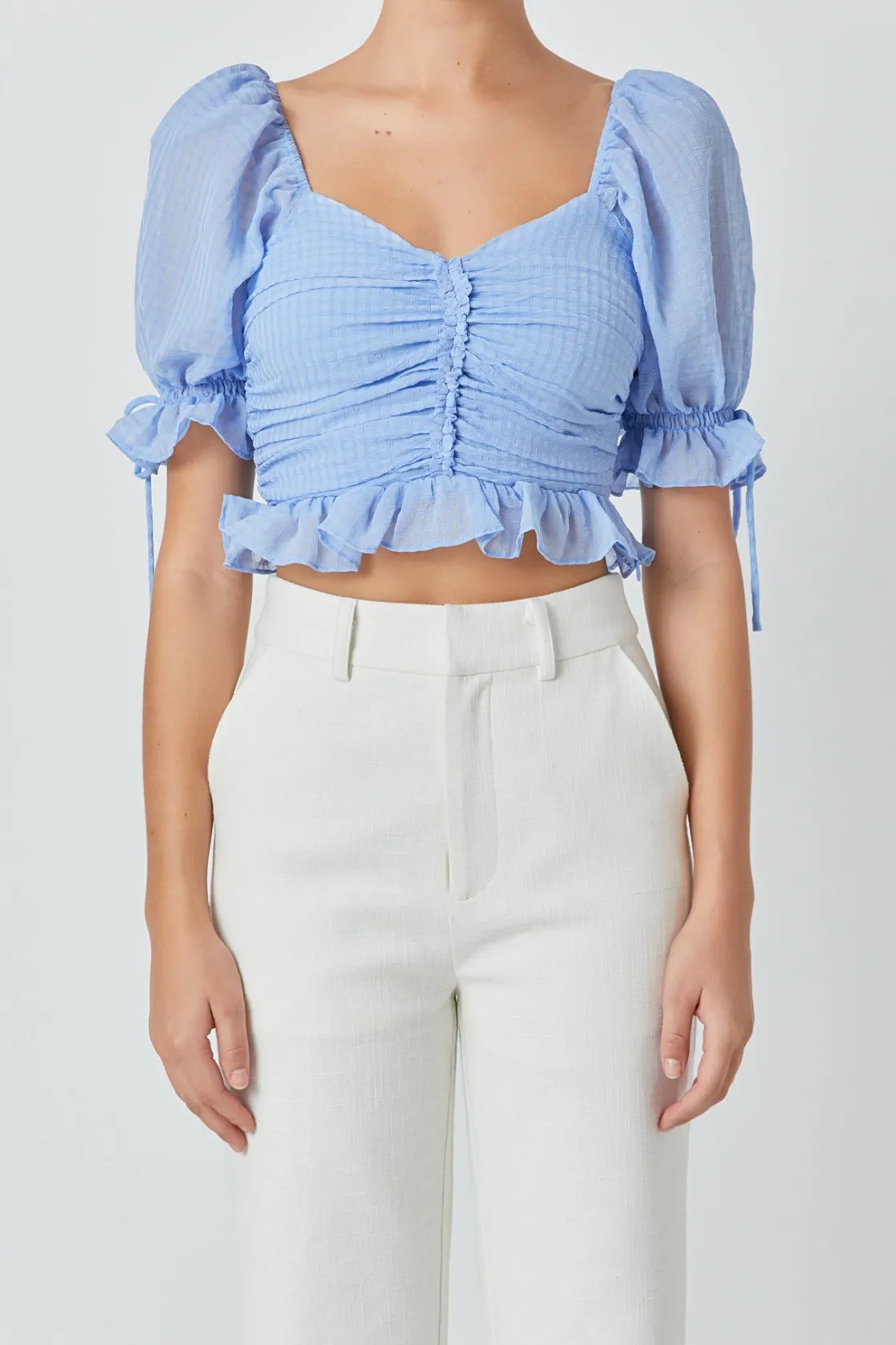 endless_rose__chiffon_gri_0.webp ENDLESS ROSE Tops*- Chiffon Gridded Gathered Top POWDERBLUE