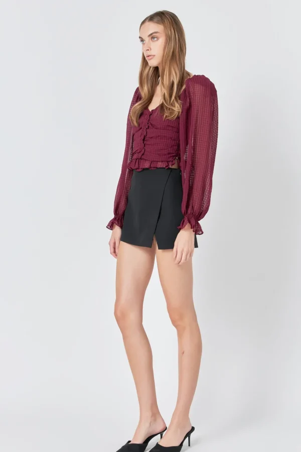 ENDLESS ROSE Tops*- Chiffon Gridded Ruched Top