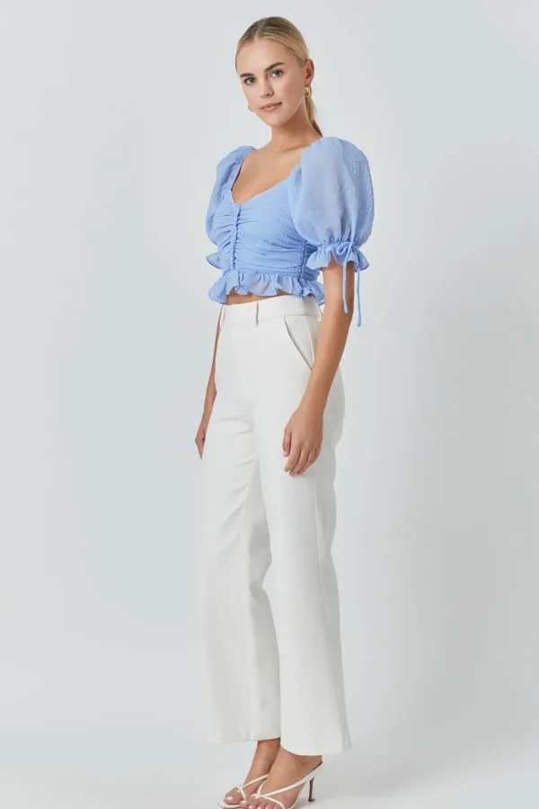 ENDLESS ROSE Tops*- Chiffon Gridded Gathered Top POWDERBLUE