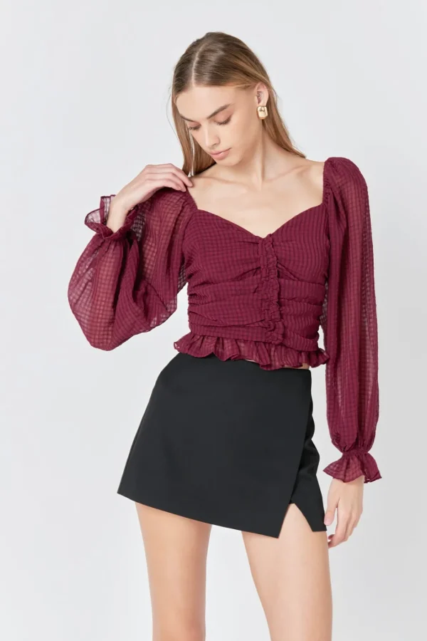 ENDLESS ROSE Tops*- Chiffon Gridded Ruched Top