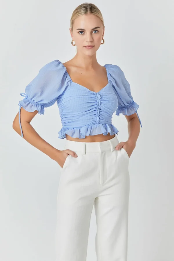 ENDLESS ROSE Tops*- Chiffon Gridded Gathered Top POWDERBLUE
