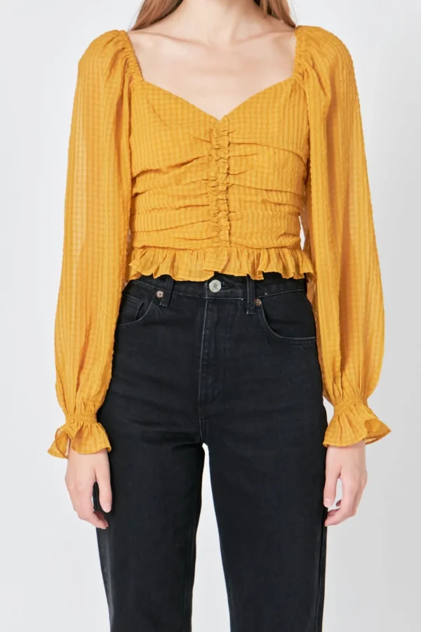 ENDLESS ROSE Tops*- Chiffon Gridded Ruched Top