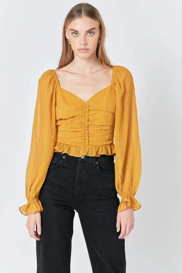 ENDLESS ROSE Tops*- Chiffon Gridded Ruched Top