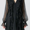ENDLESS ROSE Little Black Dress | Tops*- Chiffon Long-Sleeve Ruffle Mini Dress BLACK