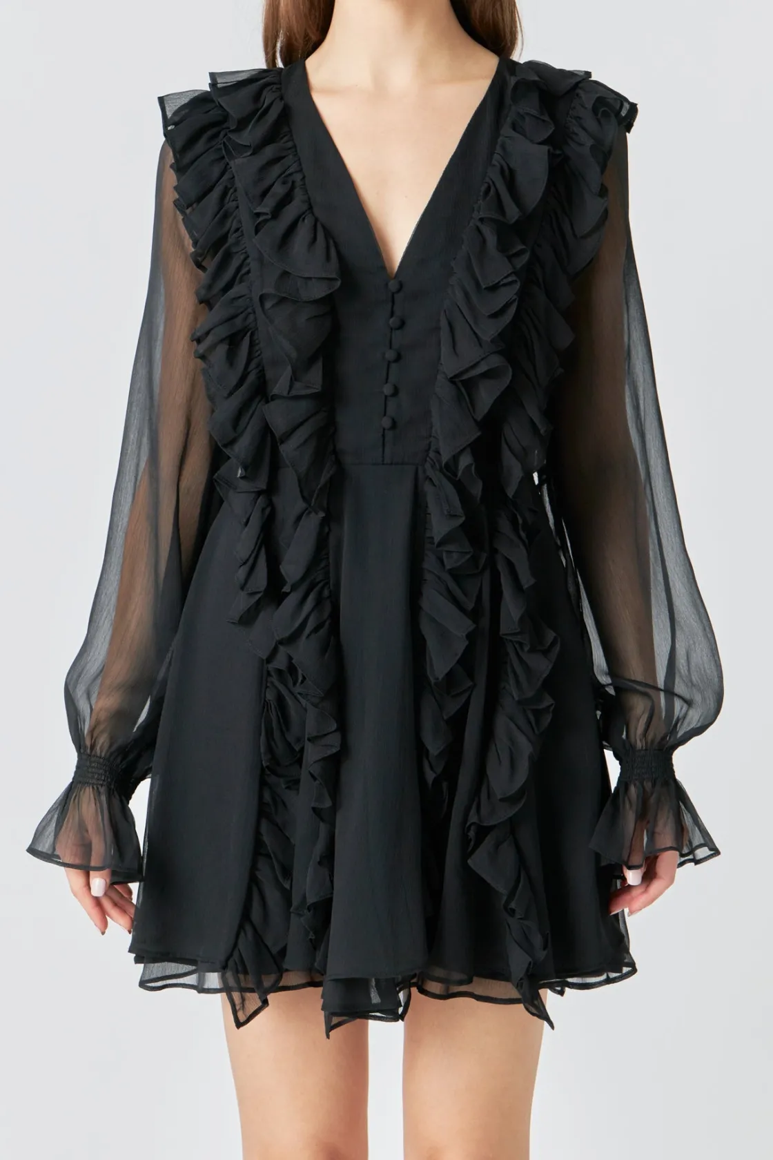 endless_rose__chiffon_lon_0.webp ENDLESS ROSE Little Black Dress | Tops*- Chiffon Long-Sleeve Ruffle Mini Dress BLACK