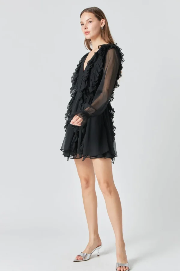 ENDLESS ROSE Little Black Dress | Tops*- Chiffon Long-Sleeve Ruffle Mini Dress BLACK