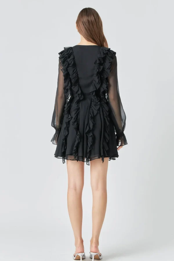 ENDLESS ROSE Little Black Dress | Tops*- Chiffon Long-Sleeve Ruffle Mini Dress BLACK