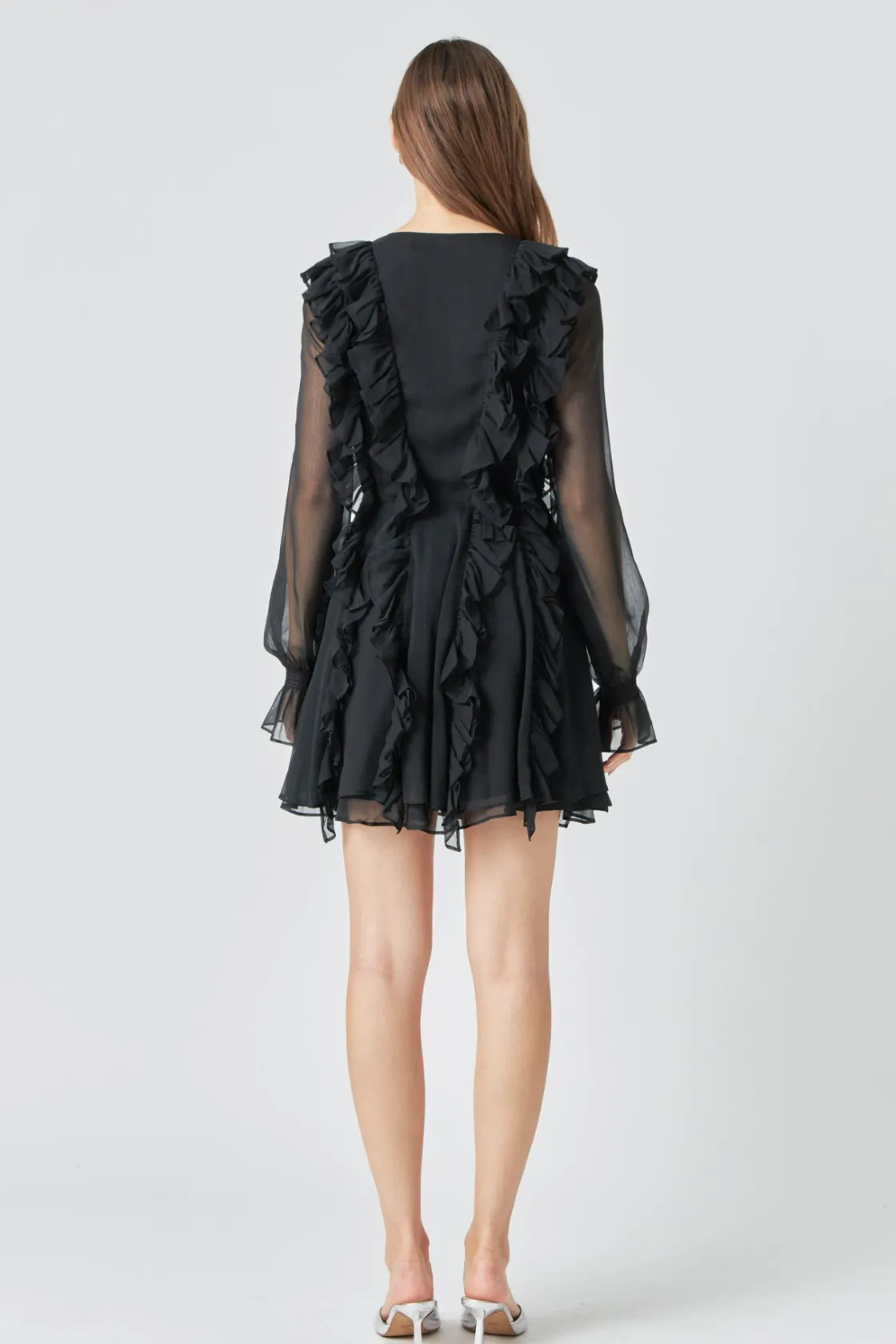 endless_rose__chiffon_lon_2.webp ENDLESS ROSE Little Black Dress | Tops*- Chiffon Long-Sleeve Ruffle Mini Dress BLACK