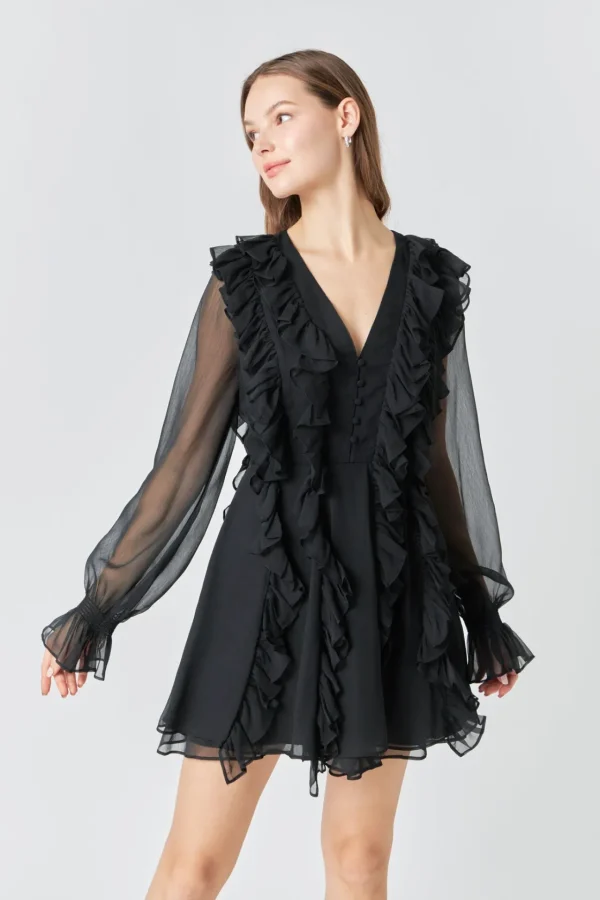 ENDLESS ROSE Little Black Dress | Tops*- Chiffon Long-Sleeve Ruffle Mini Dress BLACK