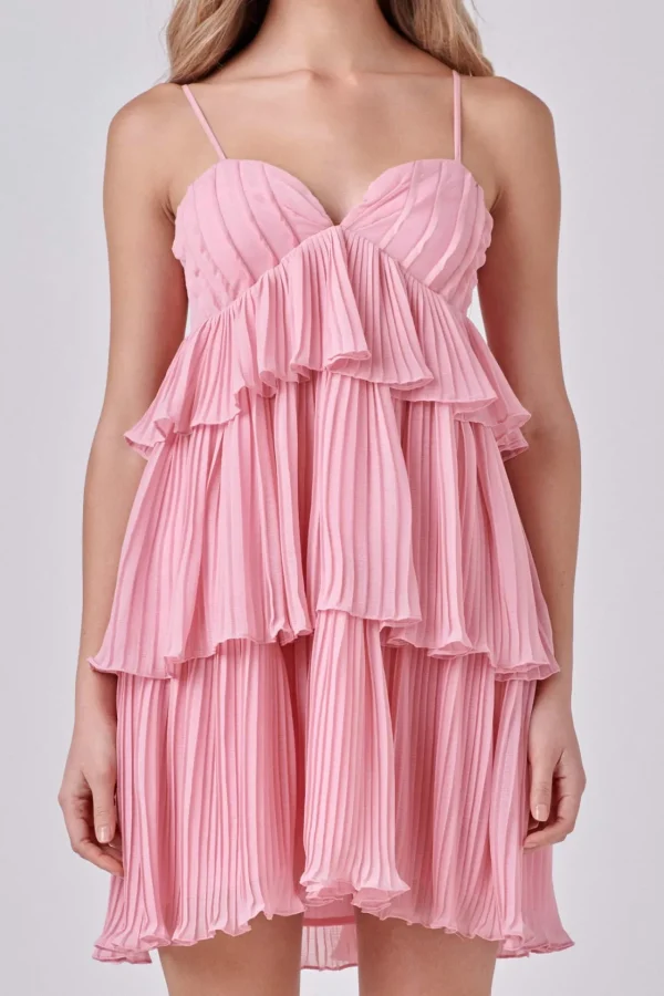 ENDLESS ROSE Tops*- Chiffon Pleated Corset Mini Dress BABYPINK