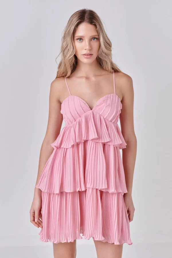 ENDLESS ROSE Tops*- Chiffon Pleated Corset Mini Dress BABYPINK