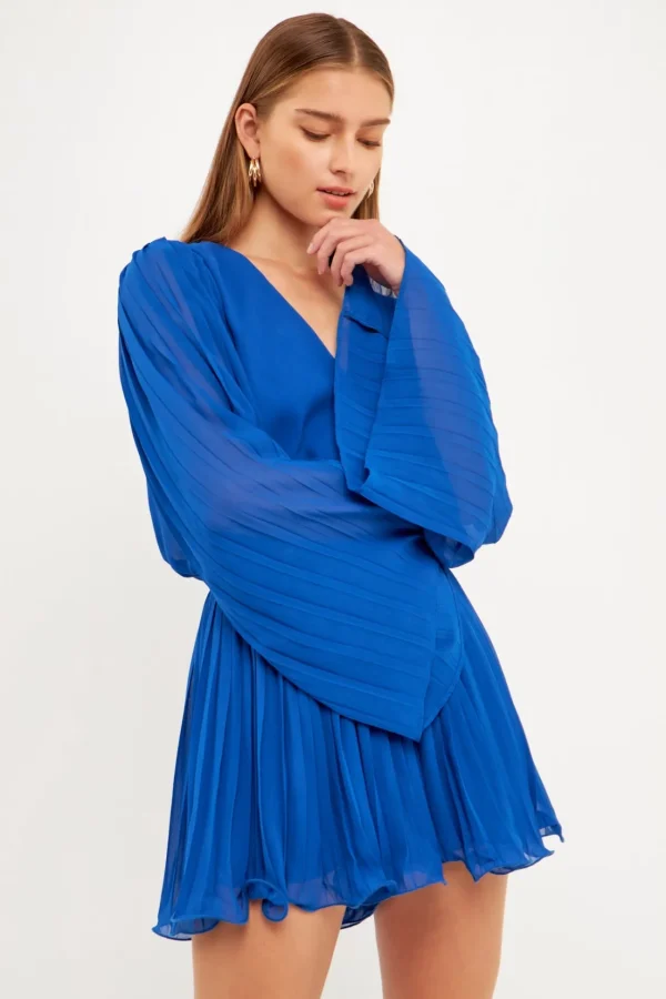 ENDLESS ROSE Tops*- Chiffon Pleated Wrap Romper BLUE